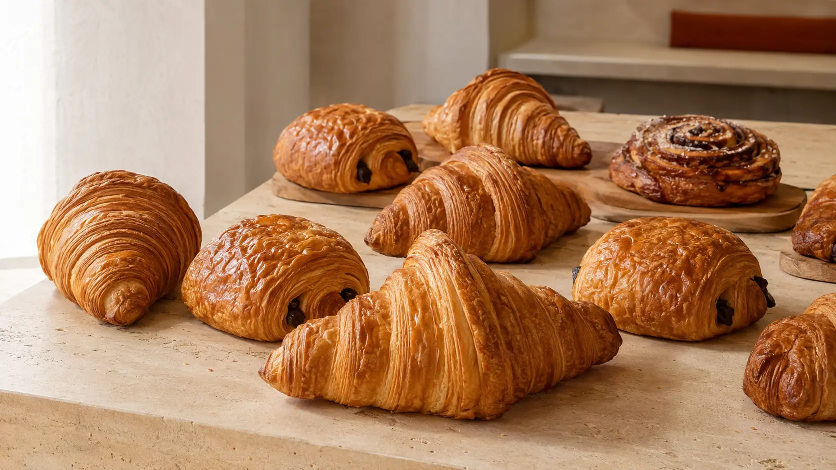 Golden croissants, pain au chocolat and a cinnamon pastry